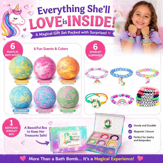 Bath Bombs for Kids with Surprise Inside, Unicorn Bath Bombs for Girls with Jewelry & Jewelry Box for Kids - Organic, Skin Moisturizing, Natural Bubble Bath, Easter Basket Essentials for Girls, Kids